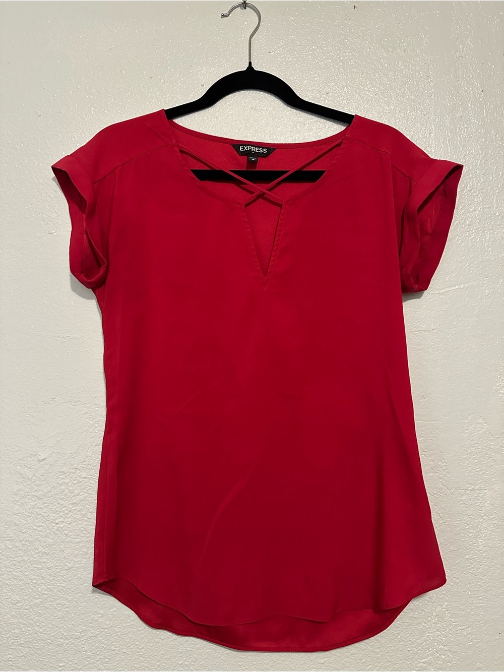 Express Women's Red Short-Sleeve Notch Neck Blouse Size XS